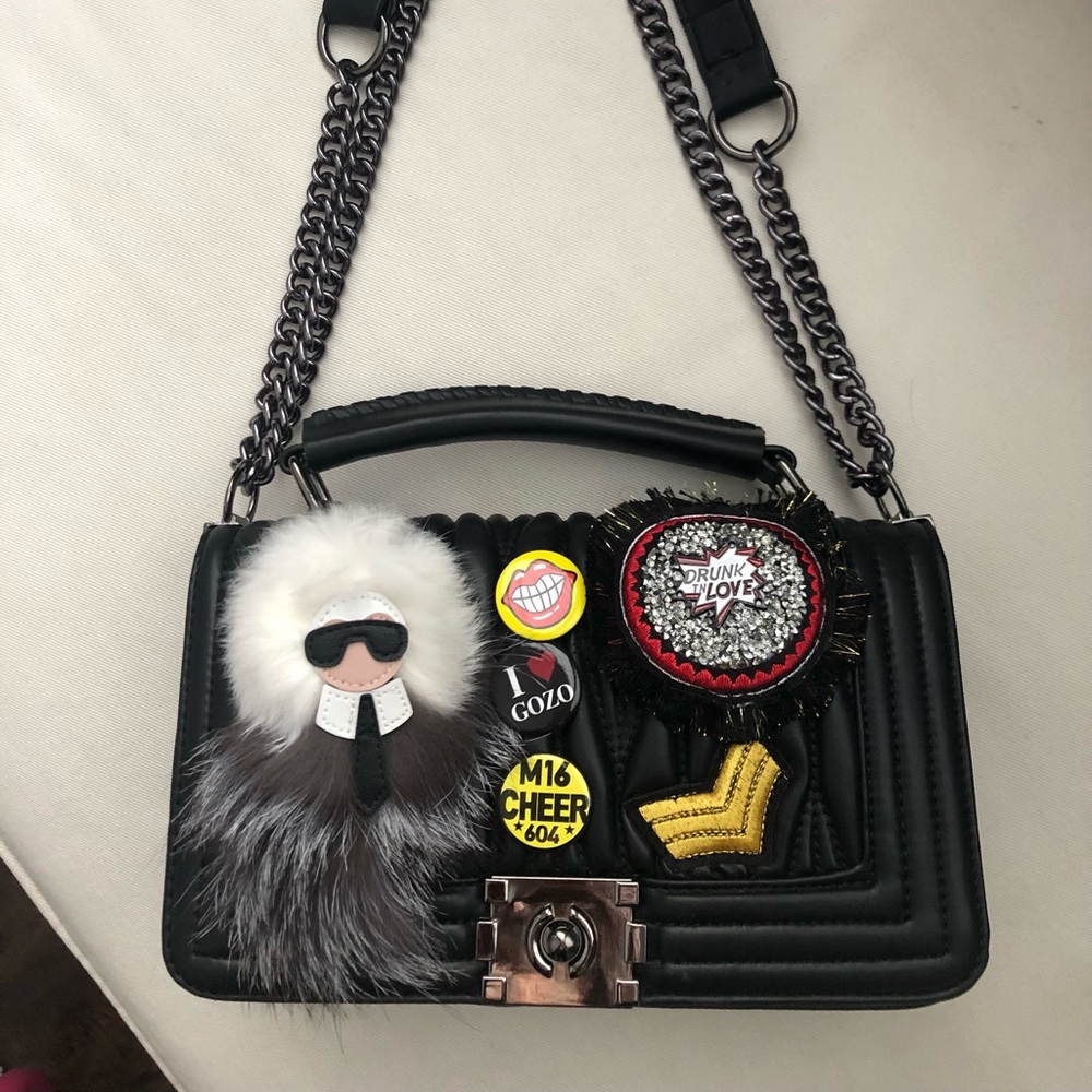 Black Leather Crossbody Handbag with Charms Brand New